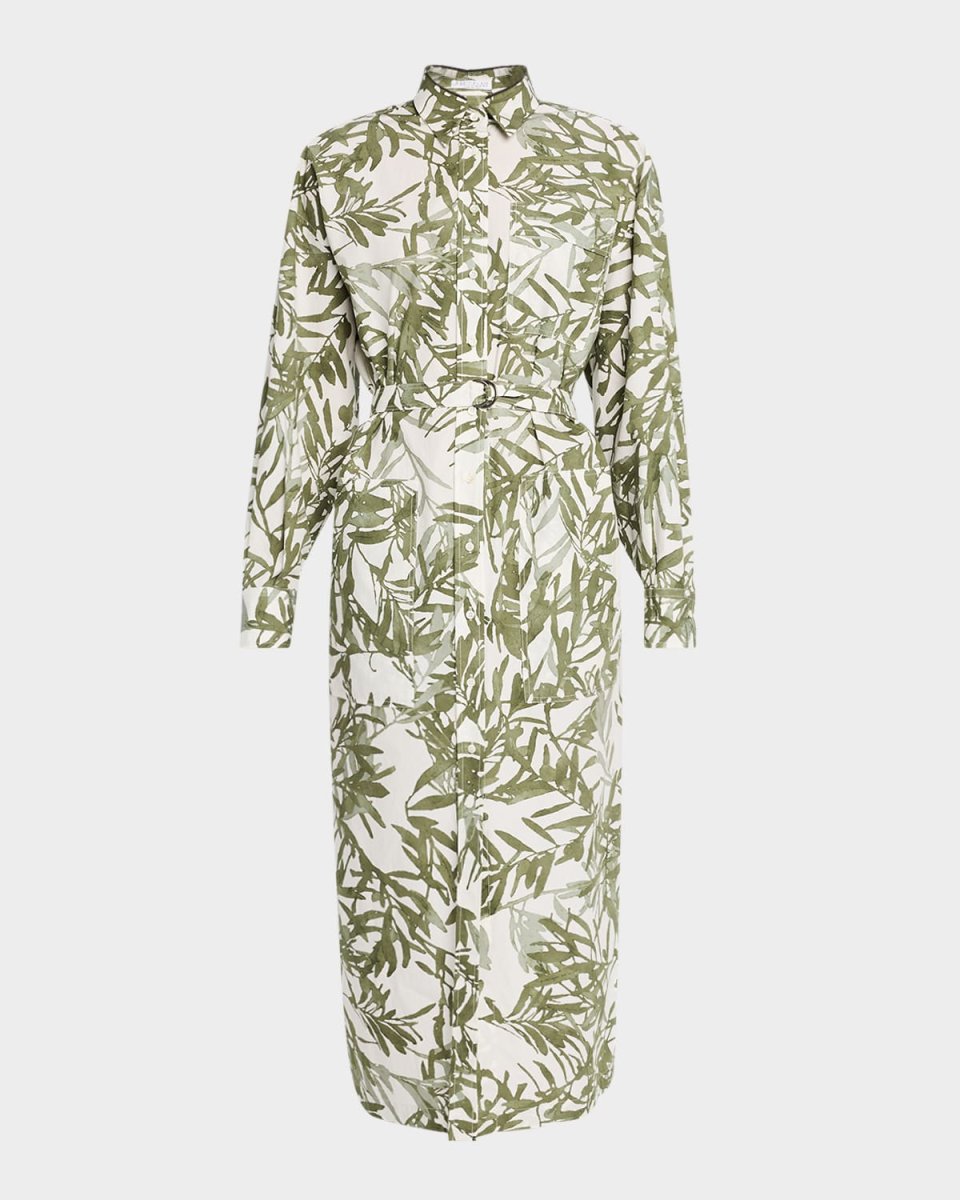 Herbarium-Print Belted Cotton Popeline Midi Shirtdress